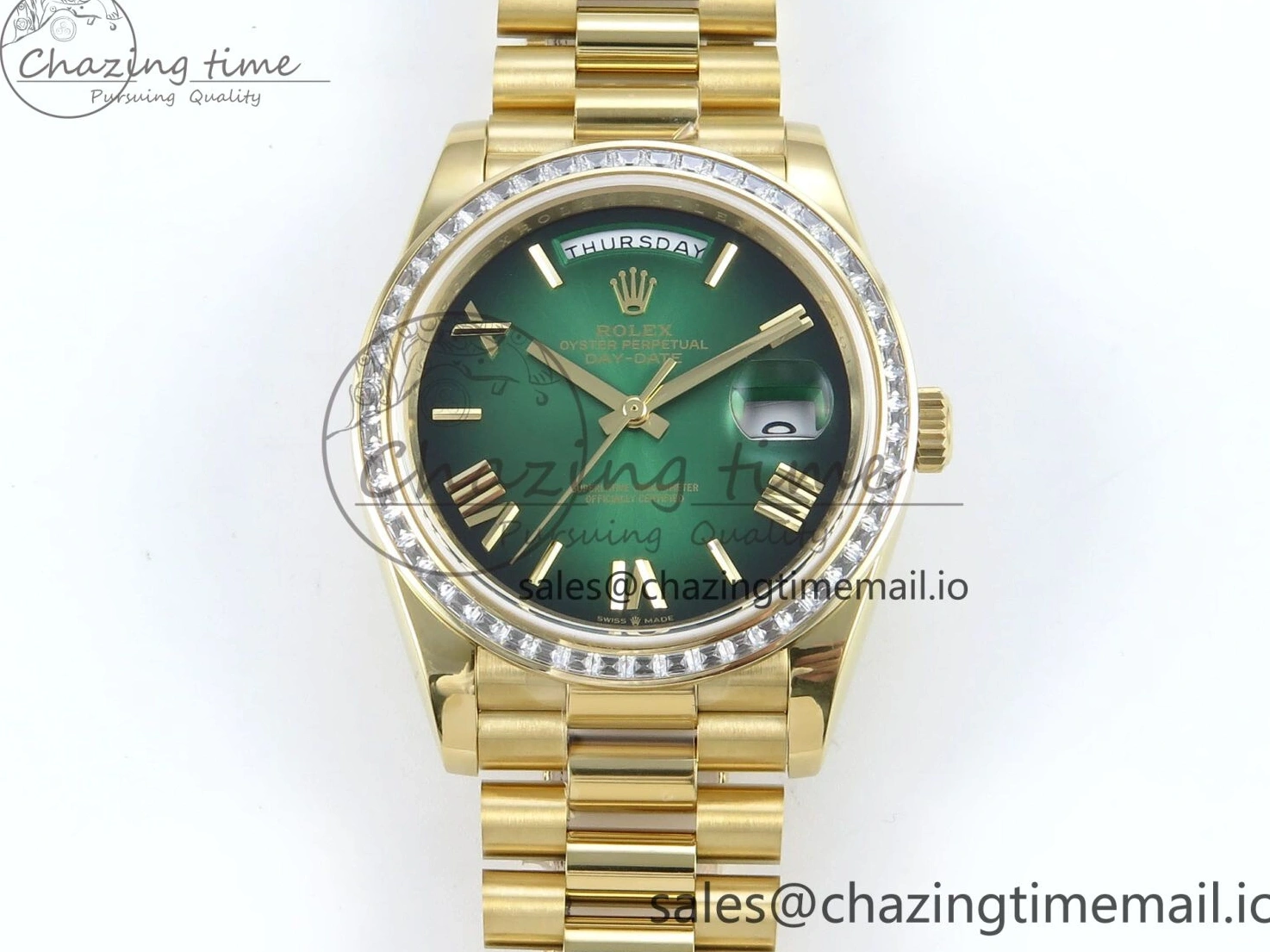 MiroTime 1224 TechFriendly DayDate 40 YG QF 1:1 Best Edition Green Black Dial Diamonds Bezel on President Bracelet A2836 V5 (Gain Weight) 490